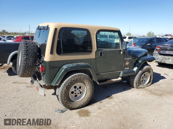 1997 Jeep Wrangler Sahara with VIN 1J4FY49S6VP521988, listed as a Copart auction lot 80753494 with 99,909 mi miles and Salvage Title. Bid and sale history available at carsss.com. Image 3.