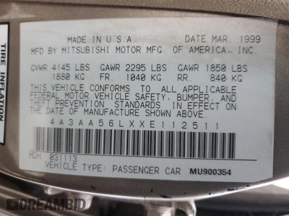 1999 Mitsubishi Galant LS with VIN 4A3AA56LXXE112511, listed as a Copart auction lot 42765585 with 185,751 mi miles and Clean Title. Bid and sale history available at carsss.com. Image 12.