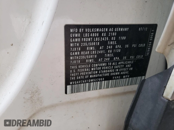 2013 Volkswagen Tiguan SE with VIN WVGAV7AX1DW527053, listed as a Copart auction lot 55934895 with 202,761 mi miles and Clean title. Bid and sale history available at DreamBid. Image 13.