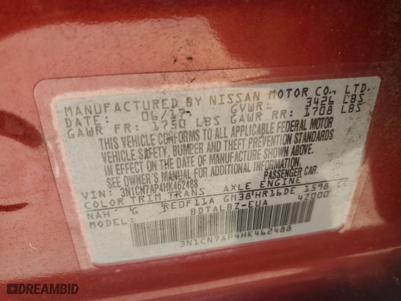 2017 Nissan Versa Sedan SV with VIN 3N1CN7AP4HK462488, listed as a Copart auction lot 48308815 with 118,745 mi miles and Salvage Title. Bid and sale history available at carsss.com. Image 12.