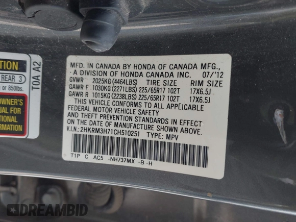 2012 Honda CR-V EX-L with VIN 2HKRM3H71CH510251, listed as a IAAI auction lot 41898899 with 125,017 mi miles and . Bid and sale history available at carsss.com. Image 9.
