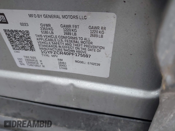 2023 Cadillac XT4 FWD Premium Luxury with VIN 1GYFZCR40PF175597, listed as a IAAI auction lot 41035819 with Not provided miles and . Bid and sale history available at DreamBid. Image 9.