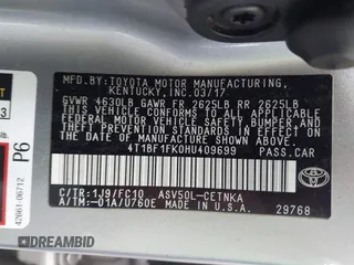 2017 Toyota Camry XLE с VIN 4T1BF1FK0HU409699, выставлен на аукционе IAAI как лот 42405827 с пробегом 72 851 миль миль и . История ставок и продаж доступна на DreamBid. Изображение 9.