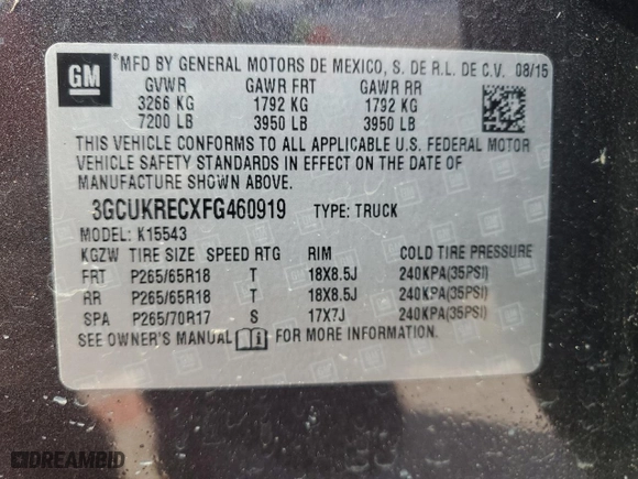 2015 Chevrolet Silverado 1500 LT with VIN 3GCUKRECXFG460919, listed as a Copart auction lot 51532965 with 158,025 mi miles and Salvage Title. Bid and sale history available at carsss.com. Image 12.