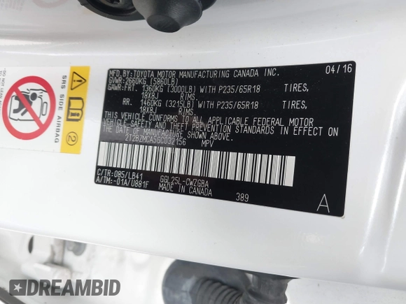 2016 Lexus RX 350 with VIN 2T2BZMCA5GC032156, listed as a IAAI auction lot 41623595 with 133,103 mi miles and . Bid and sale history available at DreamBid. Image 9.