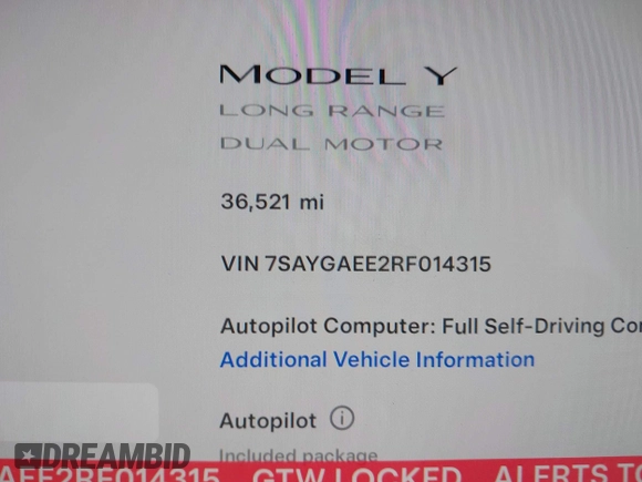 2024 Tesla Model Y Long Range with VIN 7SAYGAEE2RF014315, listed as a IAAI auction lot 42053183 with 36,521 mi miles and . Bid and sale history available at DreamBid. Image 15.