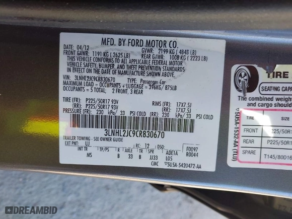 2012 Lincoln MKZ with VIN 3LNHL2JC9CR830670, listed as a IAAI auction lot 41768536 with 53,978 mi miles. Bid and sale history available at carsss.com. Image 9.