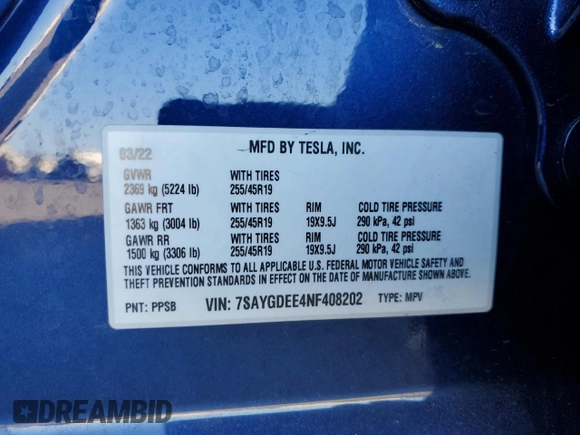 2022 Tesla Model Y Long Range z VIN 7SAYGDEE4NF408202, wystawiony jako Copart lot #51790905 z przebiegiem 43 509 mil mil oraz Szkody całkowita. Historia ofert i sprzedaży dostępna na DreamBid. Obrazek 14.