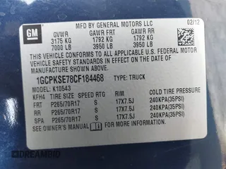 2012 Chevrolet Silverado 1500 LT with VIN 1GCPKSE78CF184468, listed as a IAAI auction lot 42081653 with 159,652 mi miles and . Bid and sale history available at DreamBid. Image 9.