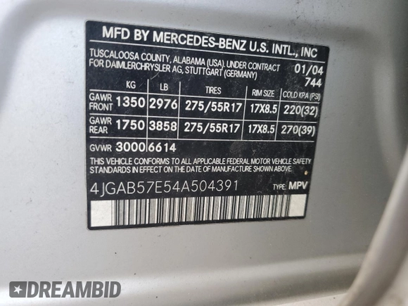 2004 Mercedes-Benz M 350 with VIN 4JGAB57E54A504391, listed as a Copart auction lot 63689125 with Not provided miles and Salvage title. Bid and sale history available at DreamBid. Image 13.
