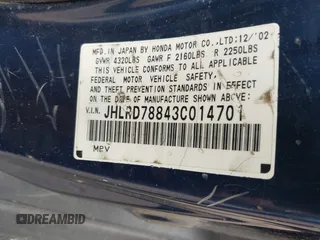2003 Honda CR-V EX z VIN JHLRD78843C014701, wystawiony jako IAAI lot #42457485 z przebiegiem Nie podano mil oraz . Historia ofert i sprzedaży dostępna na DreamBid. Obrazek 9.