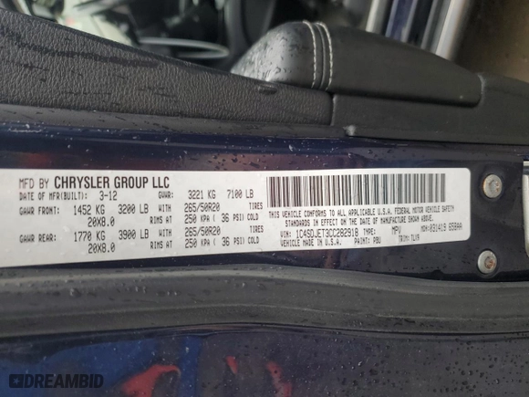 2012 Dodge Durango Citadel with VIN 1C4SDJET3CC282918, listed as a Copart auction lot 51588995 with 207,999 mi miles and Salvage Title. Bid and sale history available at carsss.com. Image 13.