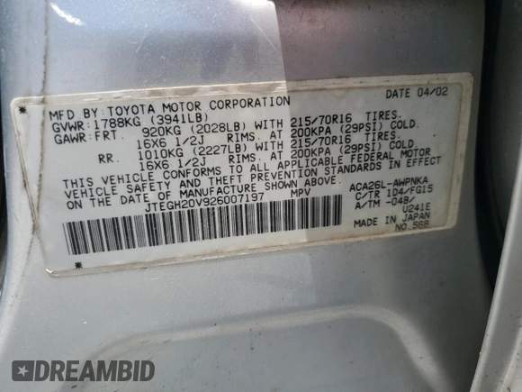 2002 Toyota RAV4 with VIN JTEGH20V926007197, listed as a Copart auction lot 61834845 with 337,820 mi miles and Clean title. Bid and sale history available at DreamBid. Image 13.