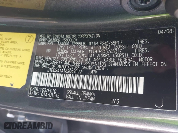 2008 Toyota Highlander z VIN JTEDS41A182049522, wystawiony jako IAAI lot #40484437 z przebiegiem 159 595 mil mil oraz . Historia ofert i sprzedaży dostępna na DreamBid. Obrazek 9.