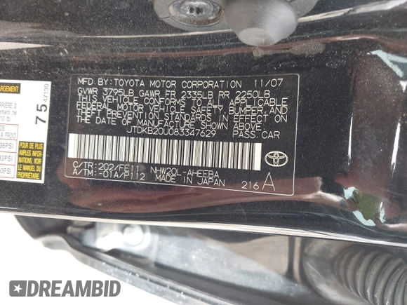 2008 Toyota Prius with VIN JTDKB20U083347629, listed as a IAAI auction lot 41804478 with 214,675 mi miles. Bid and sale history available at carsss.com. Image 9.