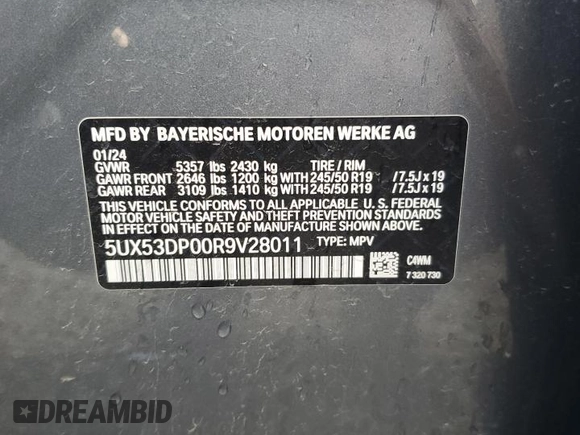 2024 BMW X3 xDrive30i with VIN 5UX53DP00R9V28011, listed as a Copart auction lot 55815905 with 28,391 mi miles and Clean Title. Bid and sale history available at DreamBid. Image 13.