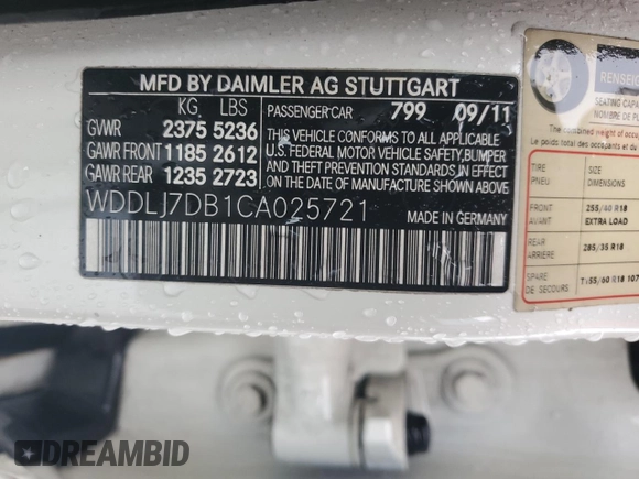 2012 Mercedes-Benz CLS 550 with VIN WDDLJ7DB1CA025721, listed as a Copart auction lot 58651035 with 234,442 mi miles and Salvage title. Bid and sale history available at DreamBid. Image 13.