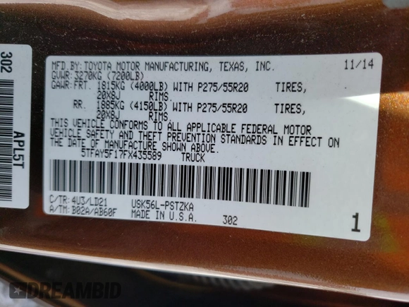 2015 Toyota Tundra Platinum z VIN 5TFAY5F17FX435589, wystawiony jako Copart lot #45215235 z przebiegiem Nie podano mil oraz Szkoda całkowita • Salvage title. Historia ofert i sprzedaży dostępna na DreamBid. Obrazek 13.