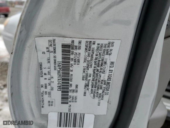 2007 Ford Taurus SEL with VIN 1FAFP56U97A147893, listed as a Copart auction lot 43352245 with 147,263 mi miles and Salvage Title. Bid and sale history available at carsss.com. Image 12.