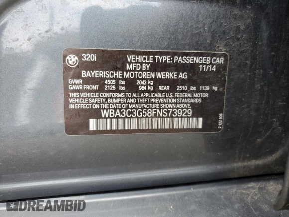 2015 BMW 3 Series 320i xDrive with VIN WBA3C3G58FNS73929, listed as a Copart auction lot 57591425 with 83,654 mi miles and Salvage title. Bid and sale history available at DreamBid. Image 12.
