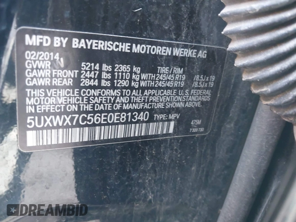 2014 BMW X3 xDrive35i with VIN 5UXWX7C56E0E81340, listed as a IAAI auction lot 41982449 with 148,415 mi miles and . Bid and sale history available at DreamBid. Image 9.