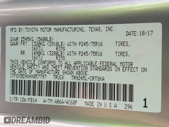 2017 Toyota Tacoma SR с VIN 5TFSX5ENXHX057797, выставлен на аукционе IAAI как лот 41951584 с пробегом 113 113 миль миль и . История ставок и продаж доступна на DreamBid. Изображение 9.