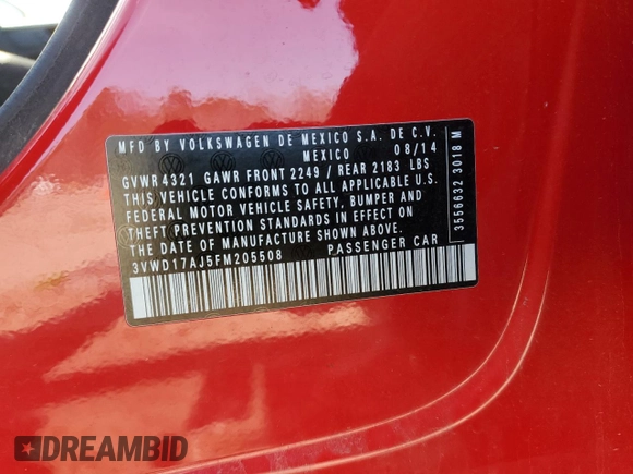 2015 Volkswagen Jetta Sport with VIN 3VWD17AJ5FM205508, listed as a Copart auction lot 45467555 with 112,910 mi miles and Salvage title. Bid and sale history available at DreamBid. Image 12.