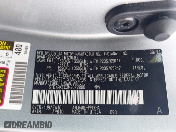 2021 Toyota Sienna XLE with VIN 5TDYRKEC2MS072800, listed as a IAAI auction lot 41918739 with 47,921 mi miles and . Bid and sale history available at DreamBid. Image 9.