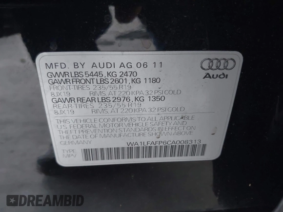 2012 Audi Q5 Premium Plus with VIN WA1LFAFP6CA008313, listed as a IAAI auction lot 42672679 with 158,088 mi miles and . Bid and sale history available at DreamBid. Image 9.