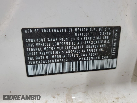 2015 Volkswagen Golf S z VIN 3VWCA7AU0FM507732, wystawiony jako Copart lot #58069785 z przebiegiem 164 065 mil mil oraz Czysty tytuł • Clean title. Historia ofert i sprzedaży dostępna na DreamBid. Obrazek 12.