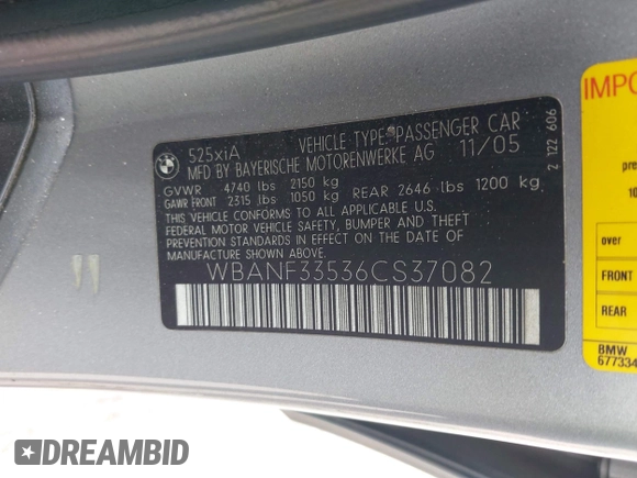2006 BMW 5 Series with VIN WBANF33536CS37082, listed as a IAAI auction lot 42378059 with 254,778 mi miles and . Bid and sale history available at DreamBid. Image 9.