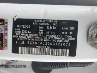 2022 Kia K5 GT-Line z VIN 5XXG64J20NG122075, wystawiony jako Copart lot #56356875 z przebiegiem 54 554 mil mil oraz Szkoda całkowita • Salvage title. Historia ofert i sprzedaży dostępna na DreamBid. Obrazek 13.