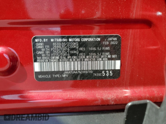 2022 Mitsubishi Eclipse Cross ES with VIN JA4ATUAA7NZ069789, listed as a Copart auction lot 54916205 with 49,021 mi miles and Salvage title. Bid and sale history available at DreamBid. Image 13.