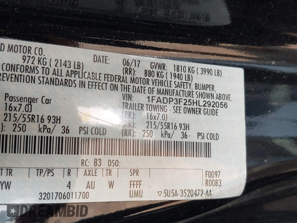 2017 Ford Focus SE with VIN 1FADP3F25HL292056, listed as a IAAI auction lot 42409320 with 102,956 mi miles and . Bid and sale history available at DreamBid. Image 9.