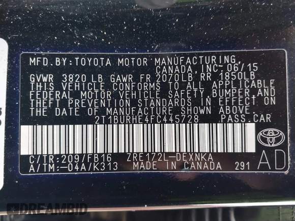 2015 Toyota Corolla L with VIN 2T1BURHE4FC445728, listed as a IAAI auction lot 41655297 with 92,478 mi miles and . Bid and sale history available at DreamBid. Image 9.