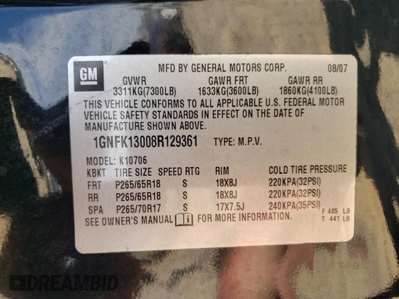 2008 Chevrolet Tahoe 3LT z VIN 1GNFK13008R129361, wystawiony jako Copart lot #49392315 z przebiegiem 172 511 mil mil oraz Szkoda całkowita • Salvage title. Historia ofert i sprzedaży dostępna na DreamBid. Obrazek 13.