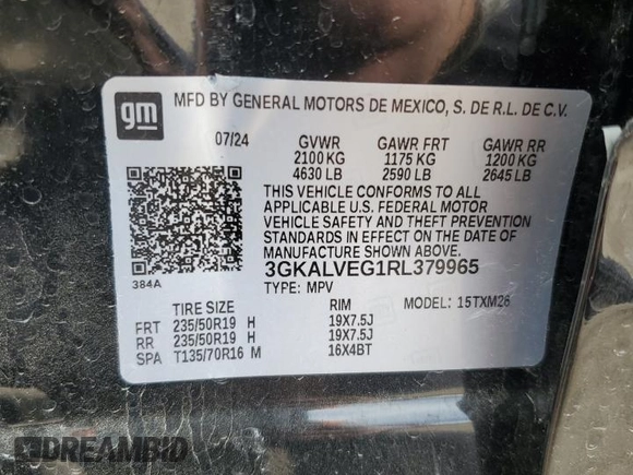 2024 GMC Terrain SLT with VIN 3GKALVEG1RL379965, listed as a Copart auction lot 58389365 with 10,555 mi miles and Salvage title. Bid and sale history available at DreamBid. Image 13.