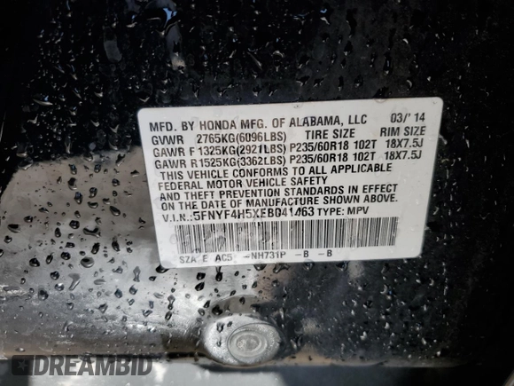 2014 Honda Pilot EX-L with VIN 5FNYF4H5XEB041463, listed as a Copart auction lot 50647845 with 92,563 mi miles and Salvage Title. Bid and sale history available at DreamBid. Image 14.