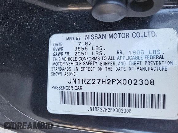 1993 Nissan 300ZX с VIN JN1RZ27H2PX002308, выставлен на аукционе Copart как лот 54986515 с пробегом 119 331 миль миль и Чистый • Clean title. История ставок и продаж доступна на DreamBid. Изображение 10.
