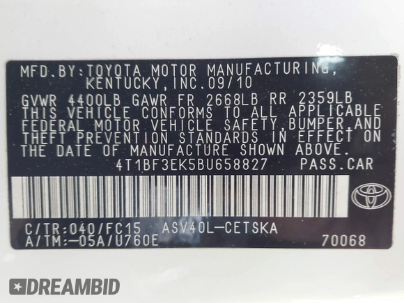 2011 Toyota Camry LE z VIN 4T1BF3EK5BU658827, wystawiony jako IAAI lot #41704973 z przebiegiem 212 443 mil mil oraz . Historia ofert i sprzedaży dostępna na DreamBid. Obrazek 9.