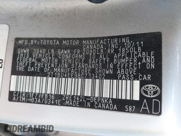 2011 Toyota Corolla L with VIN 2T1BU4EE9BC713402, listed as a IAAI auction lot 42044806 with 121,894 mi miles. Bid and sale history available at carsss.com. Image 9.