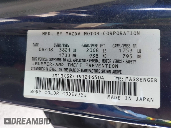 2009 Mazda 3 i Touring Value with VIN JM1BK32F391216504, listed as a IAAI auction lot 42219163 with 114,248 mi miles and . Bid and sale history available at DreamBid. Image 9.