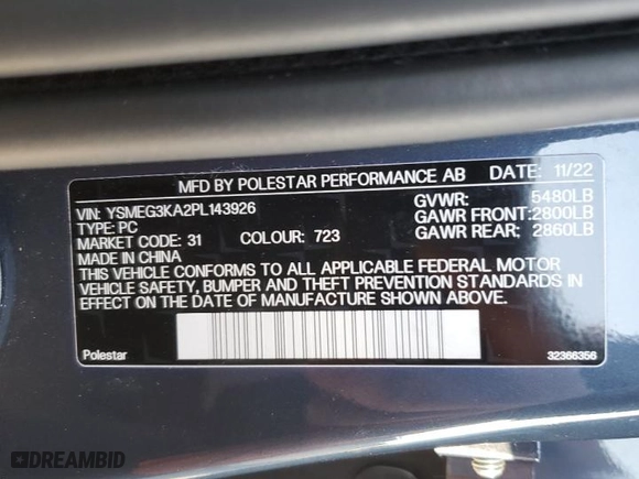 2023 Polestar 2 with VIN YSMEG3KA2PL143926, listed as a Copart auction lot 48465715 with 31,536 mi miles and Salvage Title. Bid and sale history available at carsss.com. Image 12.