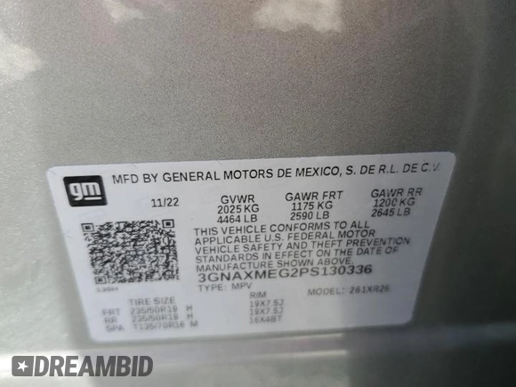 2023 Chevrolet Equinox RS with VIN 3GNAXMEG2PS130336, listed as a Copart auction lot 61214095 with 49,894 mi miles and Salvage title. Bid and sale history available at DreamBid. Image 14.