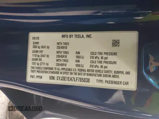 2020 Tesla Model 3 Standard Range Plus with VIN 5YJ3E1EA7LF785838, listed as a IAAI auction lot 41586081 with 38,392 mi miles and . Bid and sale history available at carsss.com. Image 9.