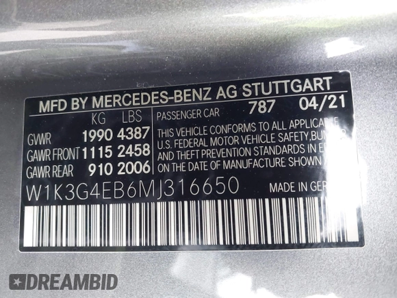 2021 Mercedes-Benz A 220 z VIN W1K3G4EB6MJ316650, wystawiony jako IAAI lot #42099393 z przebiegiem 27 510 mil mil oraz . Historia ofert i sprzedaży dostępna na DreamBid. Obrazek 9.