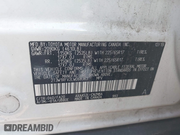 2020 Toyota RAV4 XLE with VIN 2T3W1RFV2LW068363, listed as a IAAI auction lot 42456921 with 125,014 mi miles and . Bid and sale history available at DreamBid. Image 9.