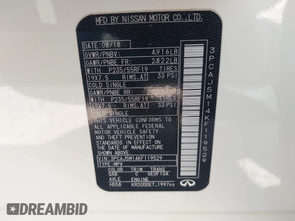 2019 Infiniti QX50 Essential with VIN 3PCAJ5M14KF119529, listed as a IAAI auction lot 42029337 with 88,844 mi miles and . Bid and sale history available at DreamBid. Image 9.