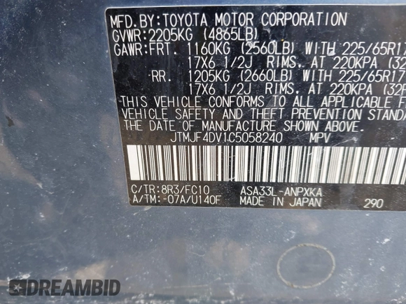 2012 Toyota RAV4 with VIN JTMJF4DV1C5058240, listed as a IAAI auction lot 41708990 with 139,032 mi miles. Bid and sale history available at carsss.com. Image 9.