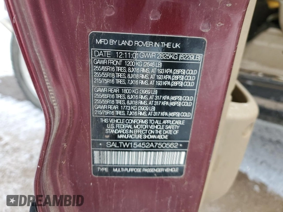 2002 Land Rover Discovery SE z VIN SALTW15452A750562, wystawiony jako Copart lot #45702205 z przebiegiem 120 608 mil mil oraz Szkoda całkowita • Salvage title. Historia ofert i sprzedaży dostępna na DreamBid. Obrazek 14.
